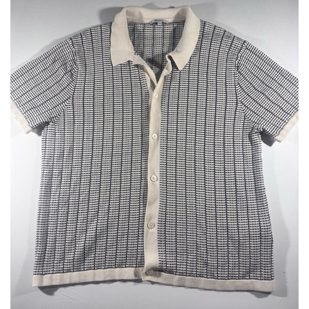 Madewell Men's L Ivory Black Check Knit Cotton Short Sleeve Button-Up Point - Picture 2 of 7